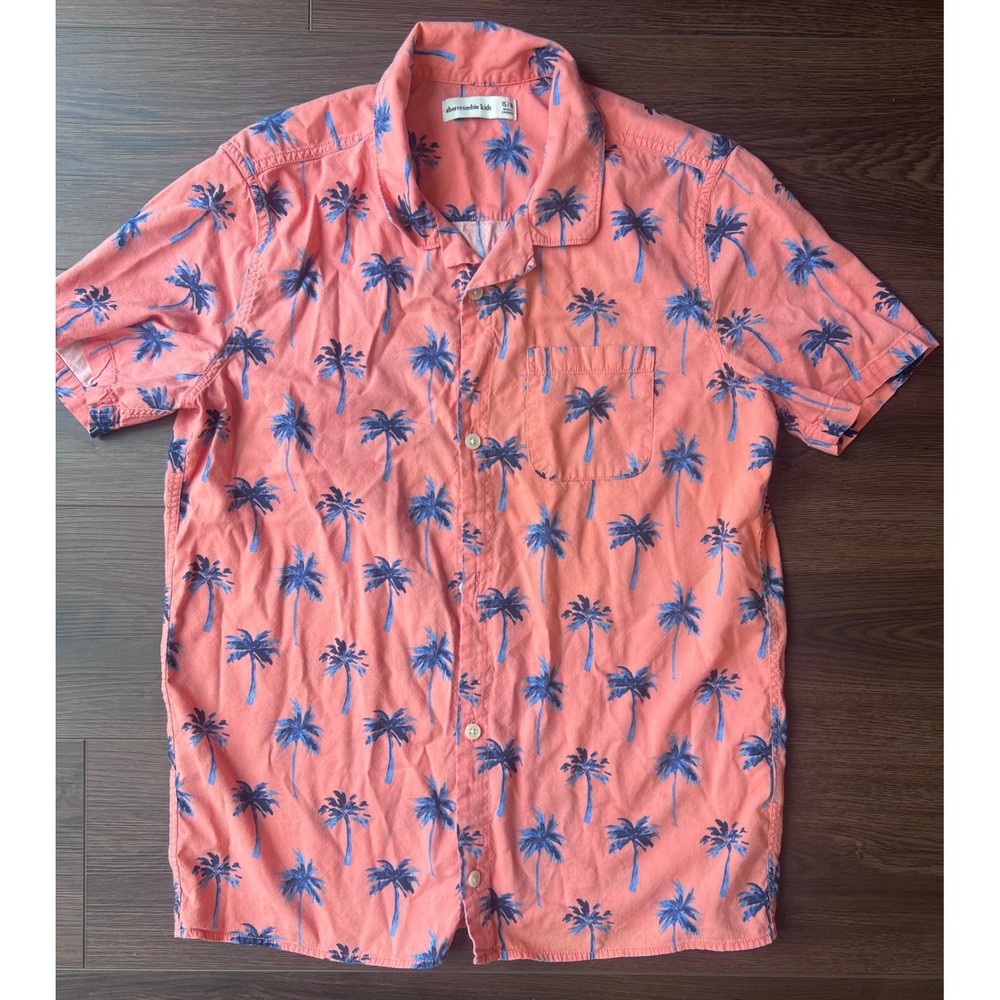 Abercrombie Kids Palm Tree Print Button Up Shirt Peach Blue Sz 15/16 Tropical